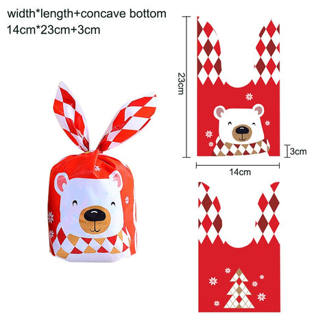 10/20pcs Christmas Rabbit Ear Candy Bags Plastic Carton Santa Claus Snowman Candy Bags For Xmas Noel Cookies Packing Supply