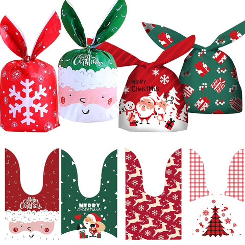 10/20pcs Christmas Rabbit Ear Candy Bags Plastic Carton Santa Claus Snowman Candy Bags For Xmas Noel Cookies Packing Supply
