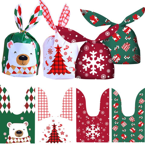 10/20pcs Christmas Rabbit Ear Candy Bags Plastic Carton Santa Claus Snowman Candy Bags For Xmas Noel Cookies Packing Supply