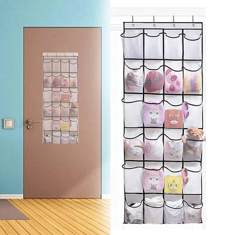 1x 24 Grid Wall-mounted Sundries Shoe Organiser Fabric Closet Bag Storage Rack Mesh Pocket Clear Hanging Over The Door Cloth Box