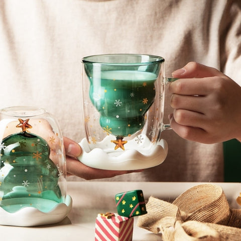2022 Creative Christmas Coffee Milk Mug Christmas Tree Star Cup Anti-Scalding Double Walls Glass Cup Children's Christmas Gifts