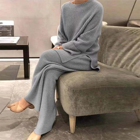 2022 Knitted Sweater Suit Women Elegant Solid O-Neck Pullovers+Wide Leg Pants Suit Lady Autumn Winter Soft 2 Piece Set Homewear