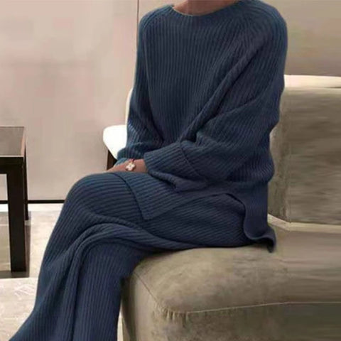 2022 Knitted Sweater Suit Women Elegant Solid O-Neck Pullovers+Wide Leg Pants Suit Lady Autumn Winter Soft 2 Piece Set Homewear