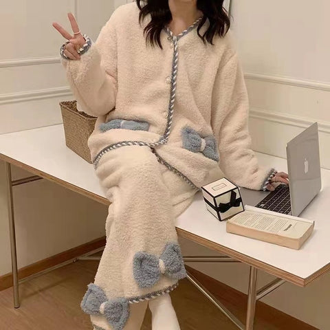 2022 New Pajamas Set Women Winter Coral Velvet Pyjamas Sets Sweet Cute Flannel Long Sleeve Female Homewear Nightwear