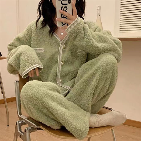 2022 New Pajamas Set Women Winter Coral Velvet Pyjamas Sets Sweet Cute Flannel Long Sleeve Female Homewear Nightwear