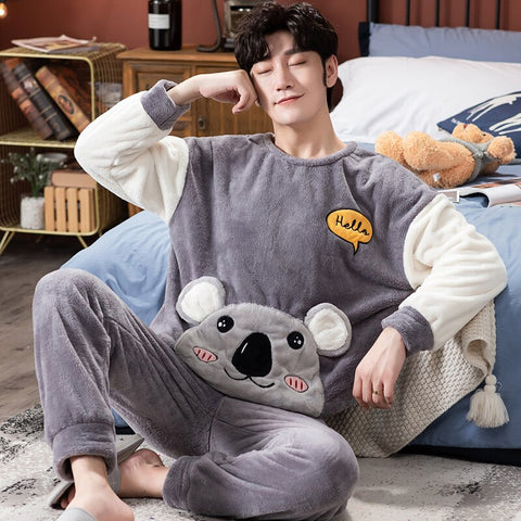 Winter Long Sleeve Thick Warm Flannel Pajama Sets for Men Coral Velvet Cute Cartoon Sleepwear Suit Pyjamas Homewear Clothes