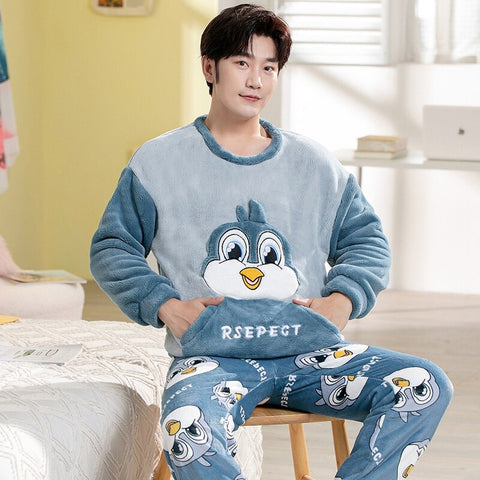 Winter Long Sleeve Thick Warm Flannel Pajama Sets for Men Coral Velvet Cute Cartoon Sleepwear Suit Pyjamas Homewear Clothes
