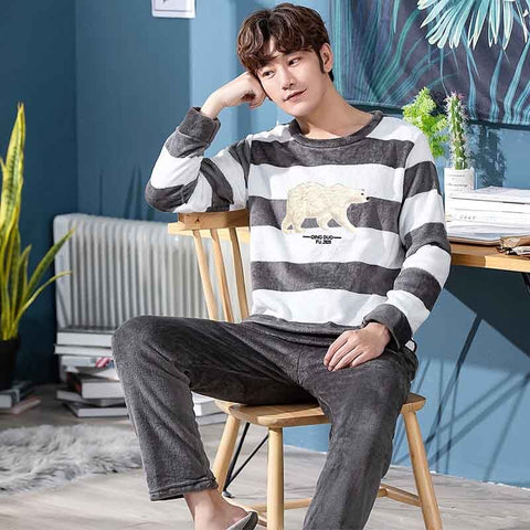 Winter Long Sleeve Thick Warm Flannel Pajama Sets for Men Coral Velvet Cute Cartoon Sleepwear Suit Pyjamas Homewear Clothes