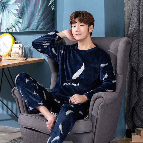 Winter Long Sleeve Thick Warm Flannel Pajama Sets for Men Coral Velvet Cute Cartoon Sleepwear Suit Pyjamas Homewear Clothes