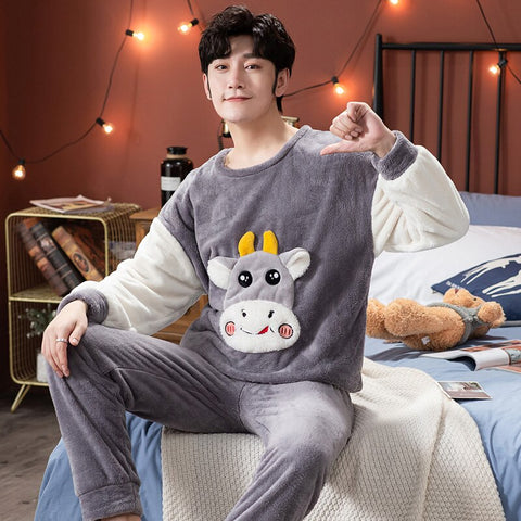 Winter Long Sleeve Thick Warm Flannel Pajama Sets for Men Coral Velvet Cute Cartoon Sleepwear Suit Pyjamas Homewear Clothes
