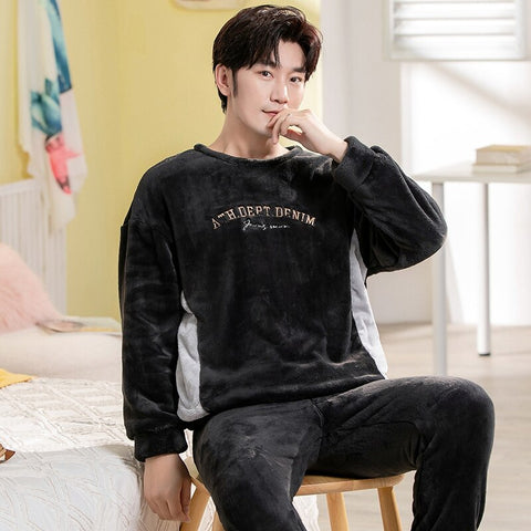 Winter Long Sleeve Thick Warm Flannel Pajama Sets for Men Coral Velvet Cute Cartoon Sleepwear Suit Pyjamas Homewear Clothes