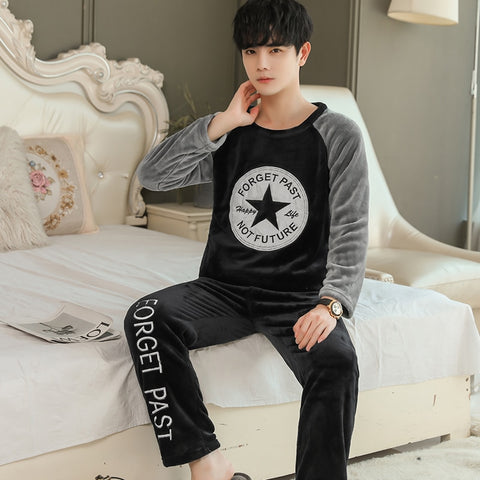 Winter Long Sleeve Thick Warm Flannel Pajama Sets for Men Coral Velvet Cute Cartoon Sleepwear Suit Pyjamas Homewear Clothes