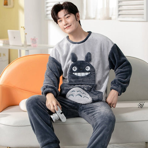 Winter Long Sleeve Thick Warm Flannel Pajama Sets for Men Coral Velvet Cute Cartoon Sleepwear Suit Pyjamas Homewear Clothes