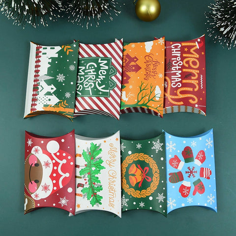 24/12pcs Christmas Pillow Shape Candy Box Merry Christmas Kraft Paper Gift Box Packging Kids Favors Happy New Year Navidad 2023