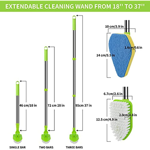 Scrub Cleaning Brush with Long Handle 35'' - Extendable Floor Scrubber with 1 Stiff Bristles & 3 Sponge Brush, Adjustable Lightweigh Detachable Kitchen Brush for Baseboard Shower Bathroom Bathtub Tile