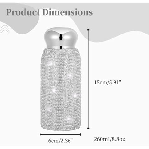 260ml/8.8oz Rhinestone Water Bottle, Fashion Bling Insulated Bottle,Stainless Steel Thermal Water Bottle, Shiny Diamond Glitter Water Bottle for Girls (Silver)