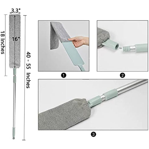 Dust Brush Under Appliance Microfiber Duster with Extension Pole (40 to 55 inches) Bendable, Washable, Extendable Gap Dusters for Sofa Bed Furniture Bottom - Wet or Dry