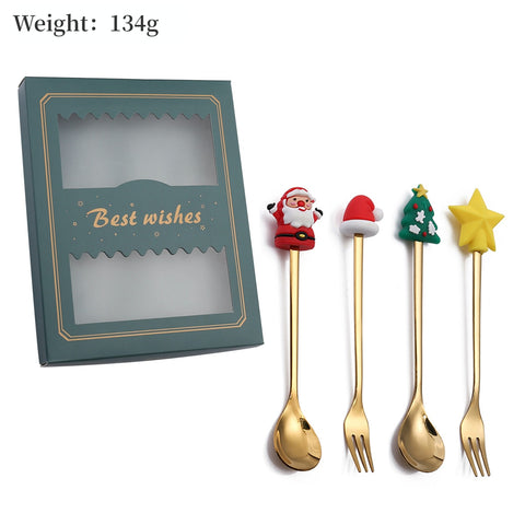 4PCS/2PCS Christmas Gift Cutlery Spoon Fork Set Elk Christmas Tree Decoration Dessert Spoon Fruit Fork Coffee Spoon Cutlery Gift