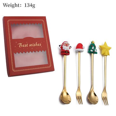 4PCS/2PCS Christmas Gift Cutlery Spoon Fork Set Elk Christmas Tree Decoration Dessert Spoon Fruit Fork Coffee Spoon Cutlery Gift