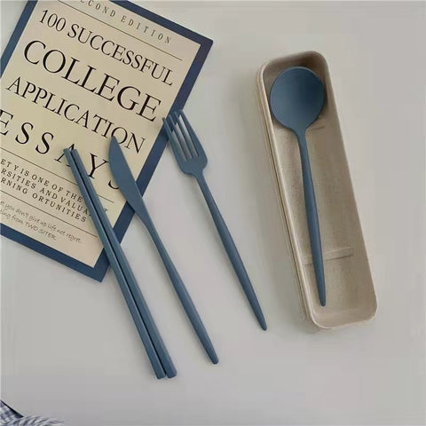 4PCS/Set Cutlery Wheat Straw Spoon Fork Chopsticks With Box Students Tableware Travel Portable Dinnerware Kitchen Accessories