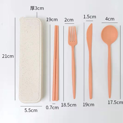 4PCS/Set Cutlery Wheat Straw Spoon Fork Chopsticks With Box Students Tableware Travel Portable Dinnerware Kitchen Accessories