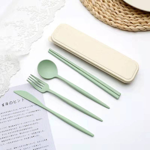 4PCS/Set Cutlery Wheat Straw Spoon Fork Chopsticks With Box Students Tableware Travel Portable Dinnerware Kitchen Accessories