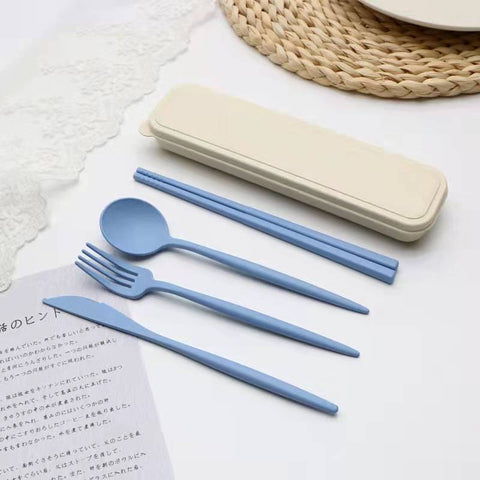 4PCS/Set Cutlery Wheat Straw Spoon Fork Chopsticks With Box Students Tableware Travel Portable Dinnerware Kitchen Accessories