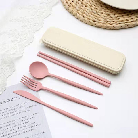 4PCS/Set Cutlery Wheat Straw Spoon Fork Chopsticks With Box Students Tableware Travel Portable Dinnerware Kitchen Accessories