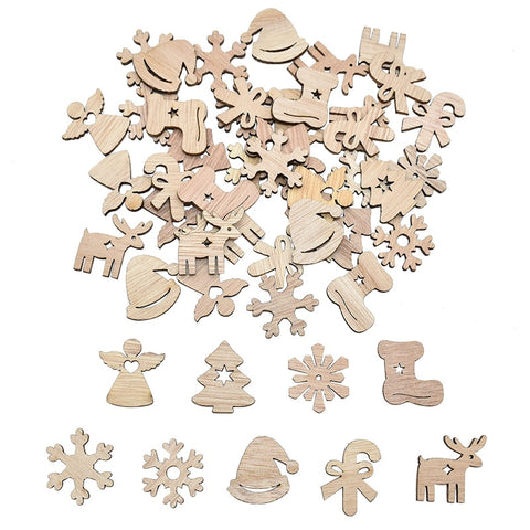 50Pcs Christmas Natural Wooden Chip Santa Claus Snowflake Christmas Tree Hanging Ornaments Pendant Navidad Decoration DIY Craft