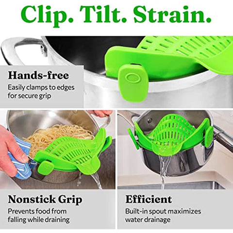 Kitchen Gizmo Snap N Strain Pot Strainer and Pasta Strainer - Adjustable Silicone Clip On Strainer for Pots, Pans, and Bowls - Lime Green