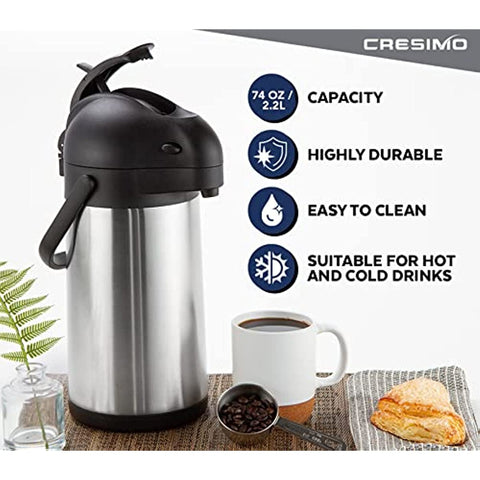 74 Oz Airpot Thermal Coffee Carafe - Insulated Stainless Steel Coffee Dispenser with Pump - Thermal Beverage Dispenser - Thermos Coffee Carafe for Keeping Hot Coffee & Tea Hot For 12 Hours - Cresimo