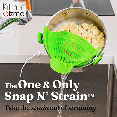 Kitchen Gizmo Snap N Strain Pot Strainer and Pasta Strainer - Adjustable Silicone Clip On Strainer for Pots, Pans, and Bowls - Lime Green