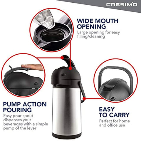 74 Oz Airpot Thermal Coffee Carafe - Insulated Stainless Steel Coffee Dispenser with Pump - Thermal Beverage Dispenser - Thermos Coffee Carafe for Keeping Hot Coffee & Tea Hot For 12 Hours - Cresimo