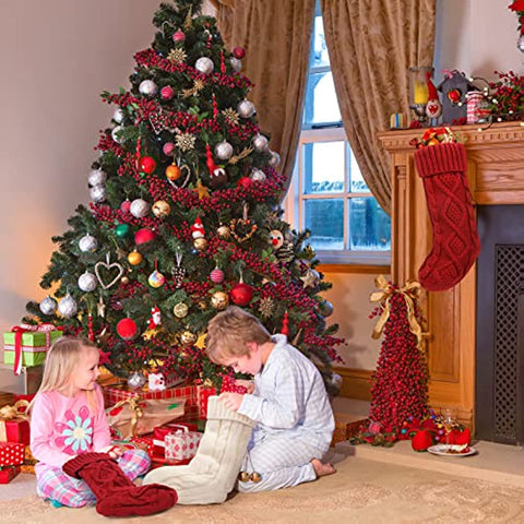 Christmas Stockings 4 Packs Large 18 Inches Classic Cable Knitted Ivory White Burgundy for Family Xmas Holiday Party Decoration