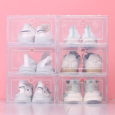6pcs/Set Fold Plastic Shoes Case Thickened Transparent Drawer Case Plastic Shoe Boxes Stackable Box Shoe Organizer Shoebox
