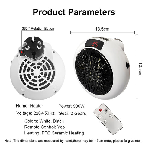 900W Wall Electric Heater Mini Fan Heater Desktop Household Wall Handy Heating Stove Radiator Warmer Machine With Remote