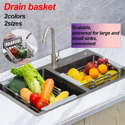 Adjustable Dish Drainer Stainless Steel Sink Drain Dish Rack Fruit Vegetable Drainer Kitchen Tableware Dish Drainer Rack Storage