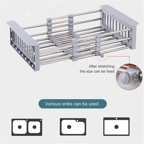 Adjustable Dish Drainer Stainless Steel Sink Drain Dish Rack Fruit Vegetable Drainer Kitchen Tableware Dish Drainer Rack Storage