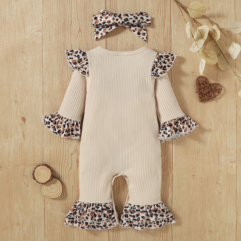 Citgeett Autumn Christmas Infant Baby Girls Boys Leopard Print Clothes Set Long Flared Sleeve Jumpsuit+ Headband Xmas Suit