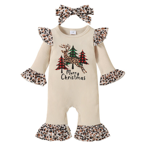 Citgeett Autumn Christmas Infant Baby Girls Boys Leopard Print Clothes Set Long Flared Sleeve Jumpsuit+ Headband Xmas Suit