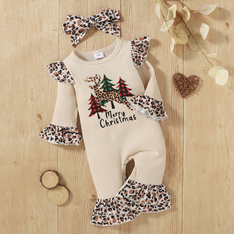 Citgeett Autumn Christmas Infant Baby Girls Boys Leopard Print Clothes Set Long Flared Sleeve Jumpsuit+ Headband Xmas Suit