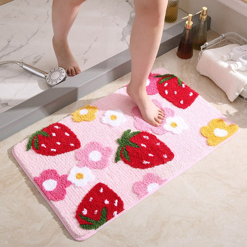 Cute Strawberry Floor Mat Non-Slip Bath Mat Bedroom Hallway Entrance Door Mat Toilet Absorbent Rug Mats Flower Foot Mat Carpet