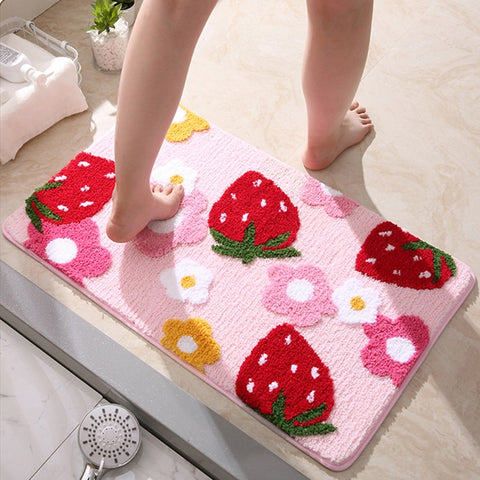 Cute Strawberry Floor Mat Non-Slip Bath Mat Bedroom Hallway Entrance Door Mat Toilet Absorbent Rug Mats Flower Foot Mat Carpet