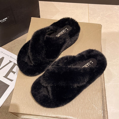 2022 Fashion High End Luxury Fur Women Furry Shoes Wedges Plus Size 35-42 High Heel Autumn Winter Indoor Casual Warm Furry Slippers