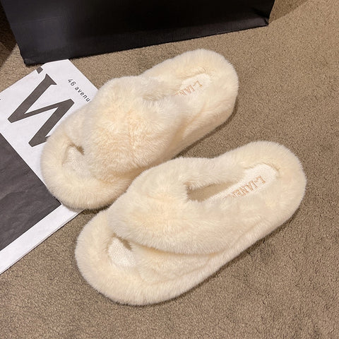 2022 Fashion High End Luxury Fur Women Furry Shoes Wedges Plus Size 35-42 High Heel Autumn Winter Indoor Casual Warm Furry Slippers