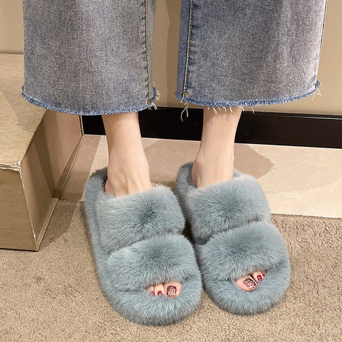 2022 Fashion High End Luxury Fur Women Furry Shoes Wedges Plus Size 35-42 High Heel Autumn Winter Indoor Casual Warm Furry Slippers