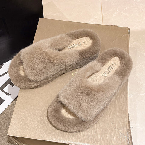 2022 Fashion High End Luxury Fur Women Furry Shoes Wedges Plus Size 35-42 High Heel Autumn Winter Indoor Casual Warm Furry Slippers