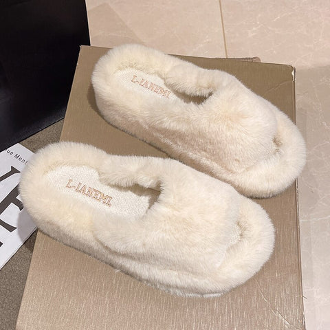 2022 Fashion High End Luxury Fur Women Furry Shoes Wedges Plus Size 35-42 High Heel Autumn Winter Indoor Casual Warm Furry Slippers