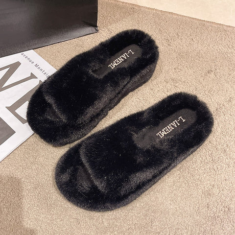 2022 Fashion High End Luxury Fur Women Furry Shoes Wedges Plus Size 35-42 High Heel Autumn Winter Indoor Casual Warm Furry Slippers