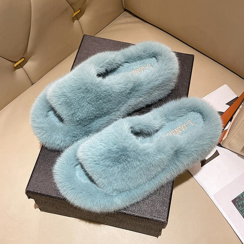 2022 Fashion High End Luxury Fur Women Furry Shoes Wedges Plus Size 35-42 High Heel Autumn Winter Indoor Casual Warm Furry Slippers